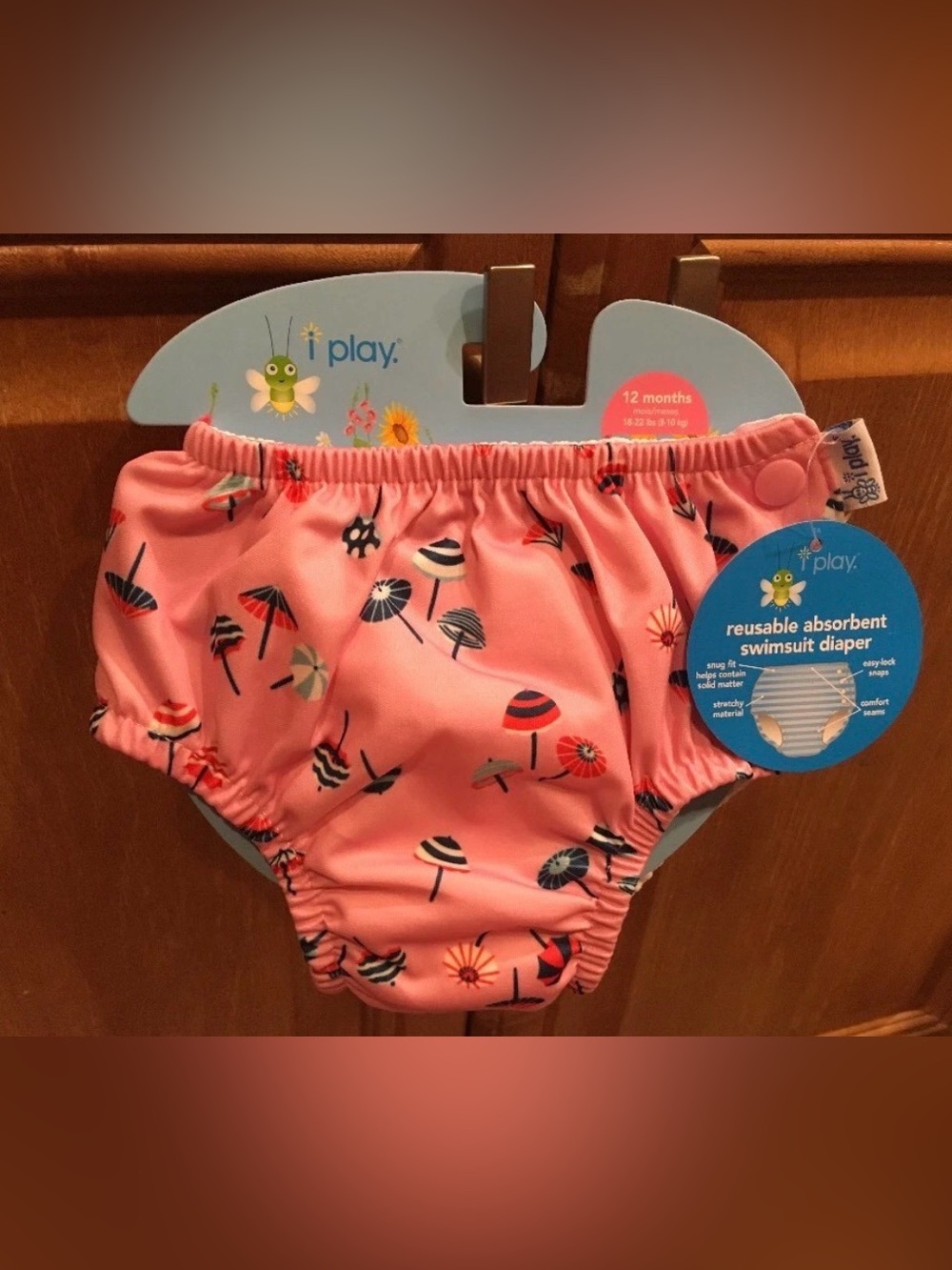 iPlay Reusable Swim Diaper - Pink Parasoles - 12 Months - Snap Sides - NWT
